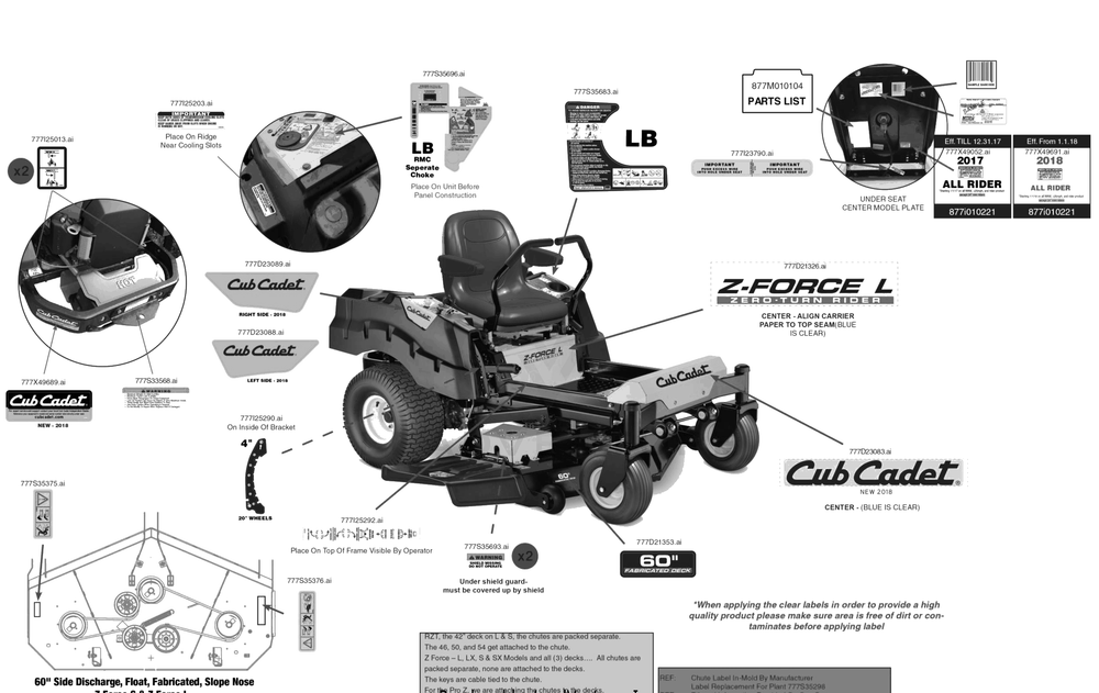 Label Map Diagram and Parts List for Z-FORCEL60KH (17RSDALD010)(2018) Cub Cadet Lawn Tractor